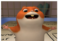 Image of animated hamster standing with his mouth open and his paws out in an animated setting.